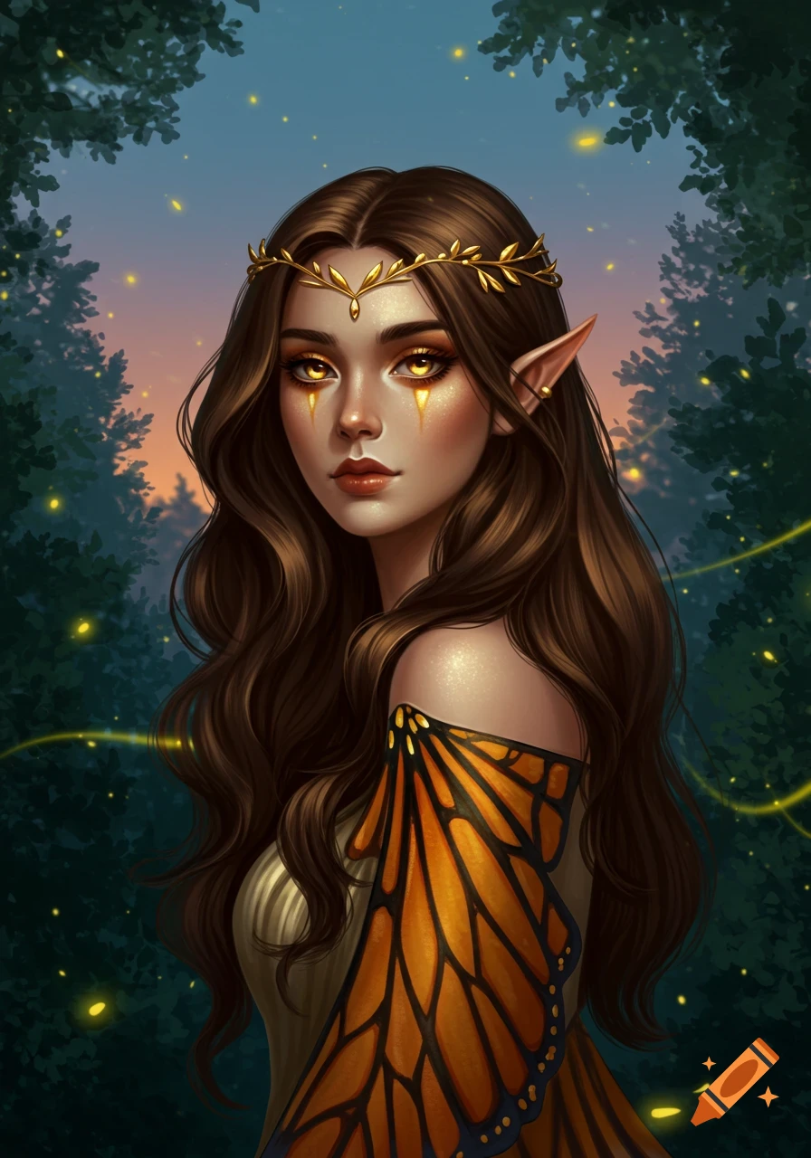 Fantasy portrait of a fae woman with long brown hair, glowing golden eyes, a gold leaf crown, and a monarch butterfly-wing dress in a forest.