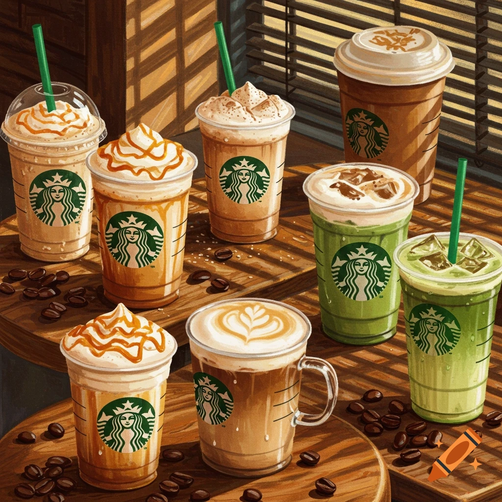 A collage of several Starbucks-style coffee and tea drinks on a wooden surface, rendered in a painterly style.