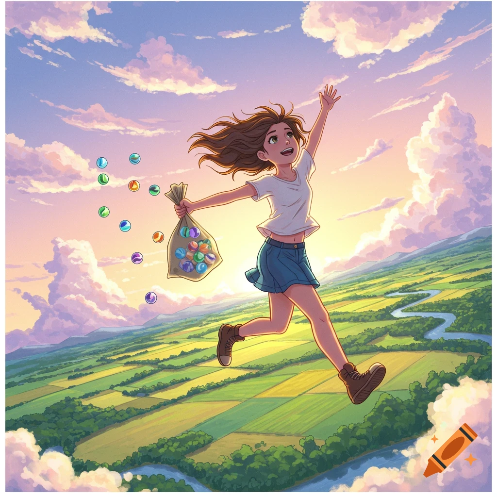 A cheerful animated girl leaps through a sky with a bag of colorful marbles over a green landscape.