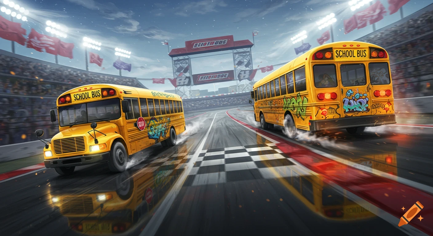 Two stylized yellow school buses race on a wet track under stadium lights, with graffiti details and motion blur.