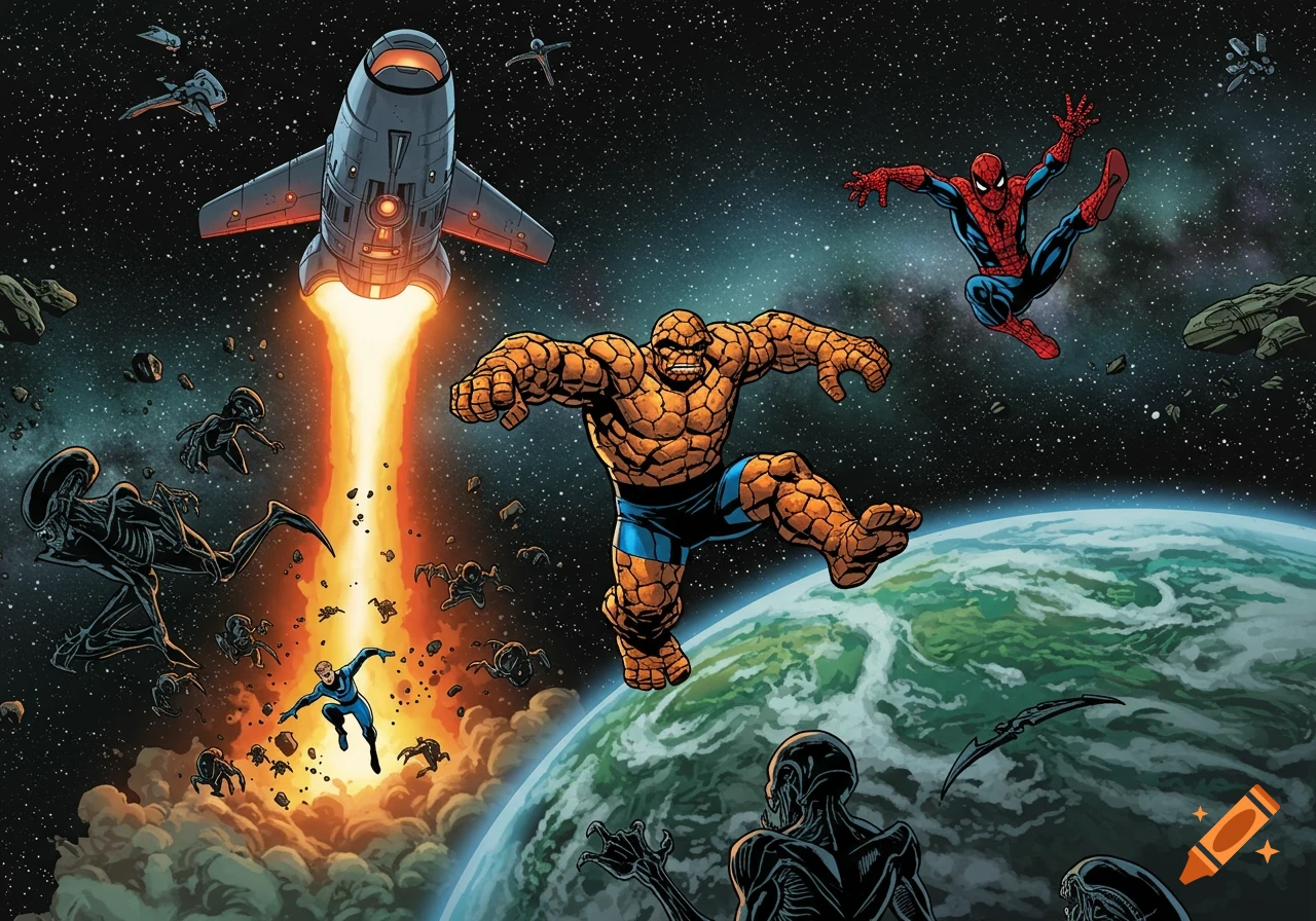 A colorful comic book illustration of The Thing, Spider-Man, and Mr. Fantastic in space with a rocket, aliens, and a planet below.