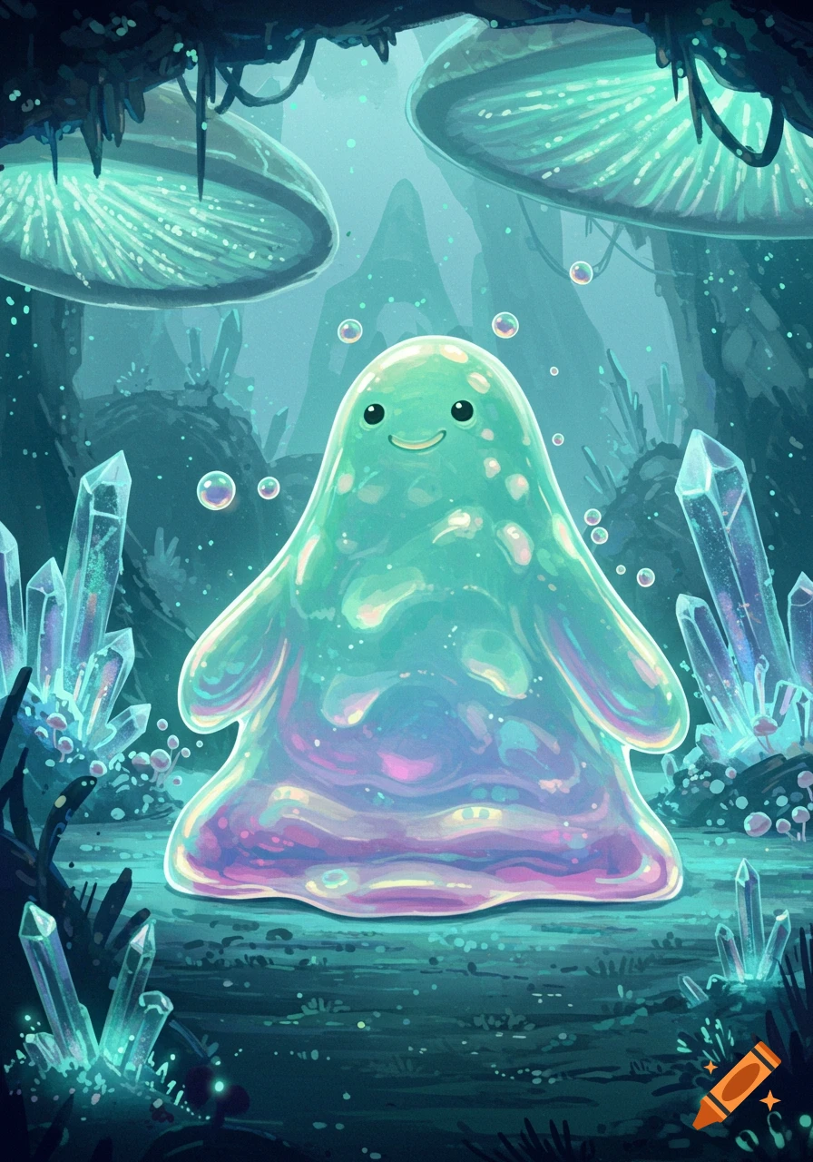 A happy, translucent green and purple blob creature glows in a vibrant, fantastical crystal cave with large mushrooms.