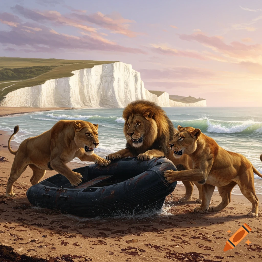 Three photorealistic lions on a sandy beach interacting with a black rubber dinghy, with ocean waves and white cliffs under a sunset sky.