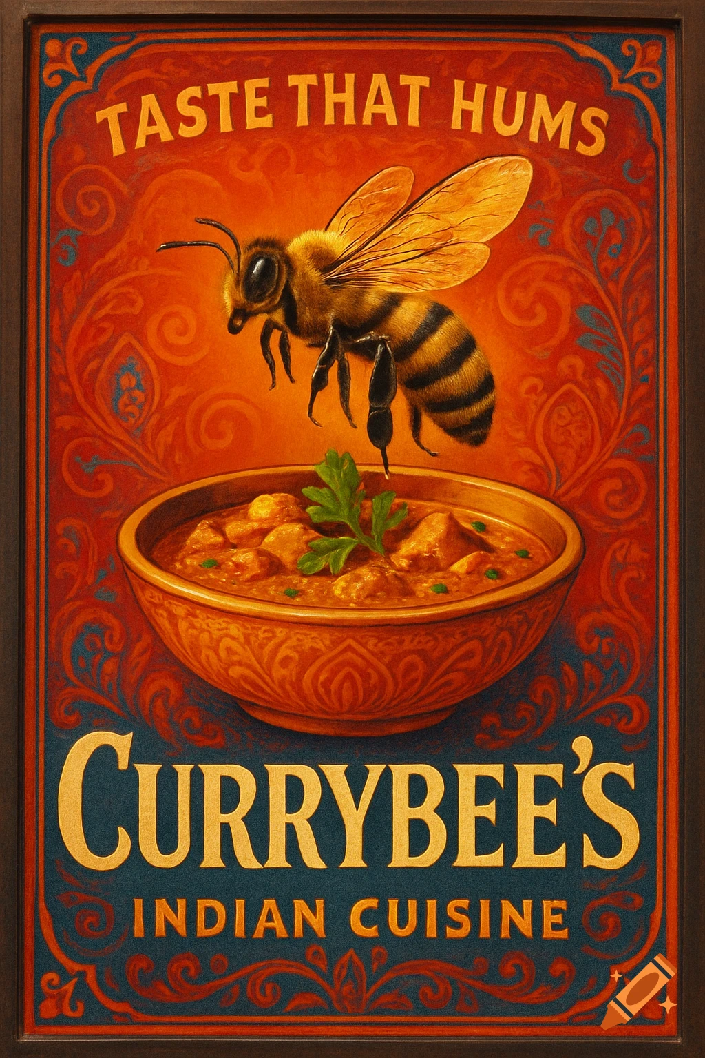Vintage-style advertisement for Currybee's Indian Cuisine featuring a large honey bee flying above a bowl of curry with text 'Taste That Hums'.