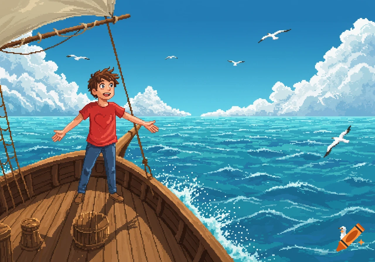 Pixel art of an excited young man with outstretched arms on a wooden ship sailing on a vast blue ocean with seagulls flying under a clear sky.
