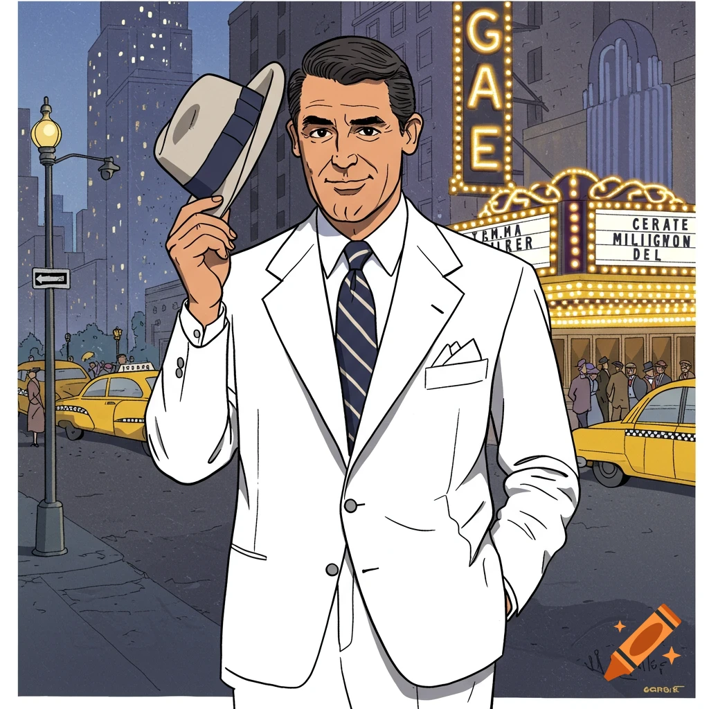 Cartoon man in a white suit and fedora tipping his hat on a city street with yellow cabs and a theater marquee at night.