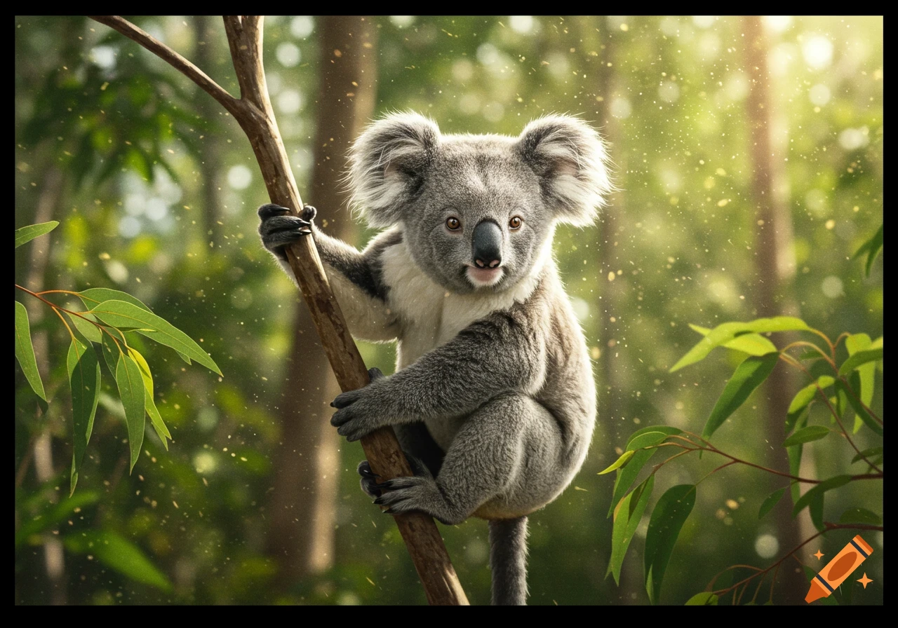 A cute koala bear with large fuzzy ears clings to a tree branch in a sun-dappled forest, looking directly at the viewer in a photorealistic style.