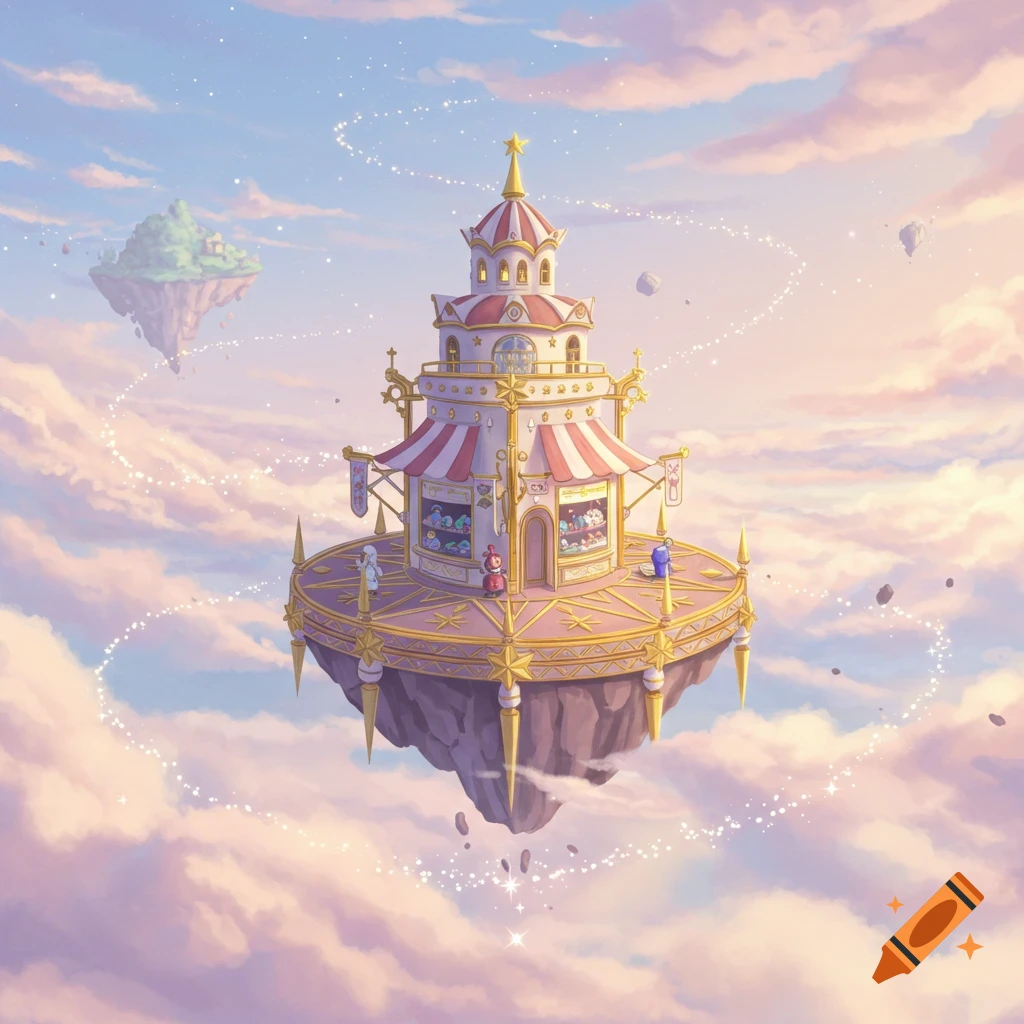 A whimsical floating star store on an island in a pastel sky, with sparkling trails and distant floating islands.