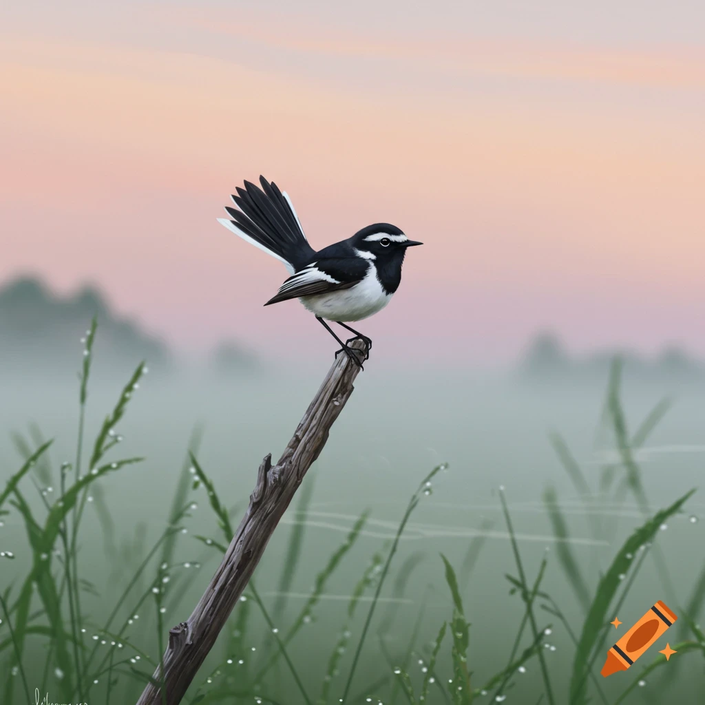 A black and white Willy Wagtail bird perched on a branch in a misty field with dew drops, under a pink and orange sky.