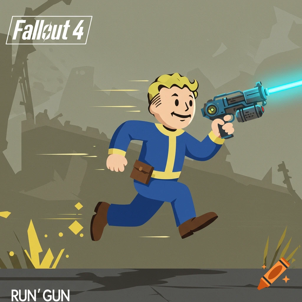 Cartoon illustration of Vault Boy from Fallout 4, running and holding a laser gun, with 'RUN'GUN' text.