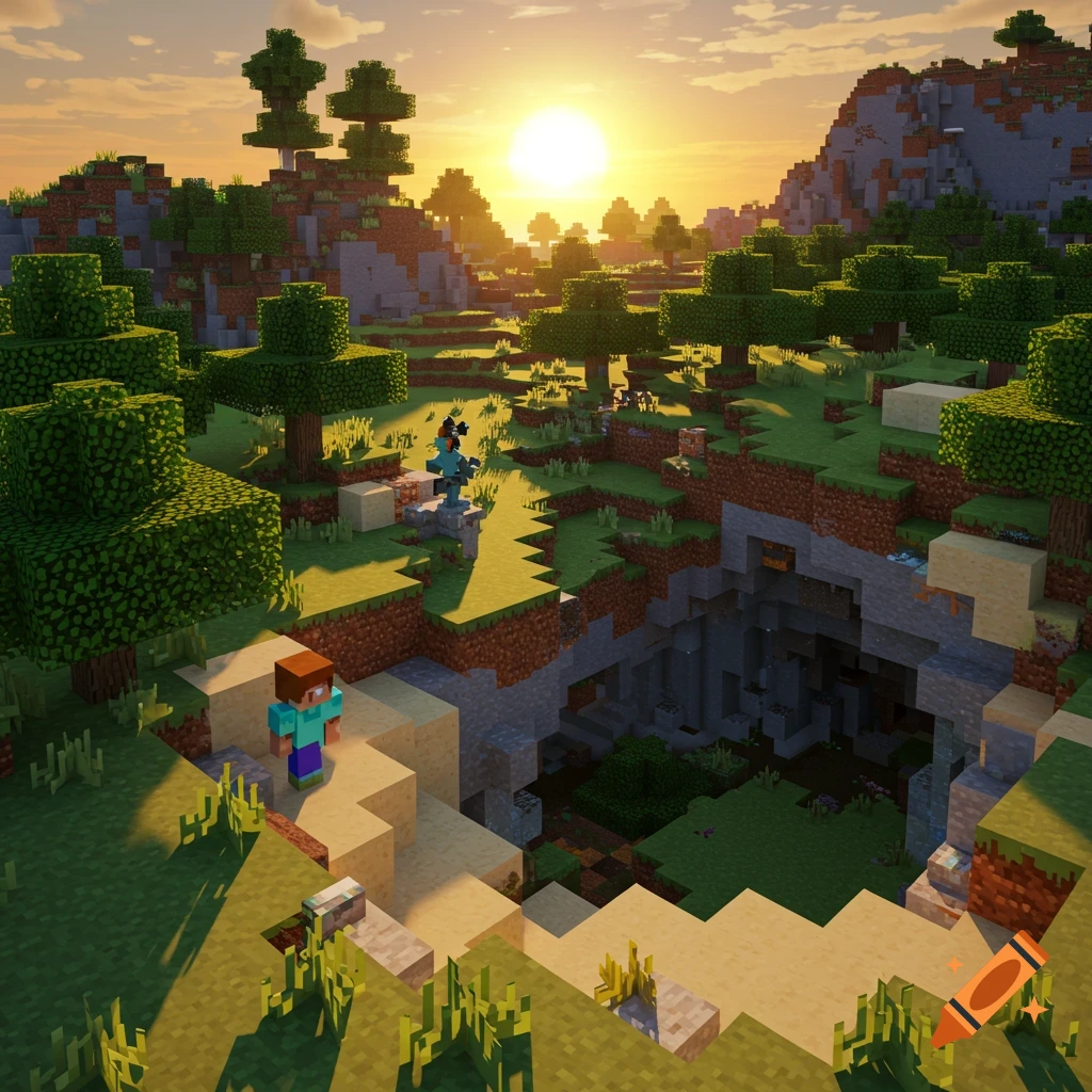 A blocky Minecraft landscape with a player standing at the edge of a large cave opening at sunset.