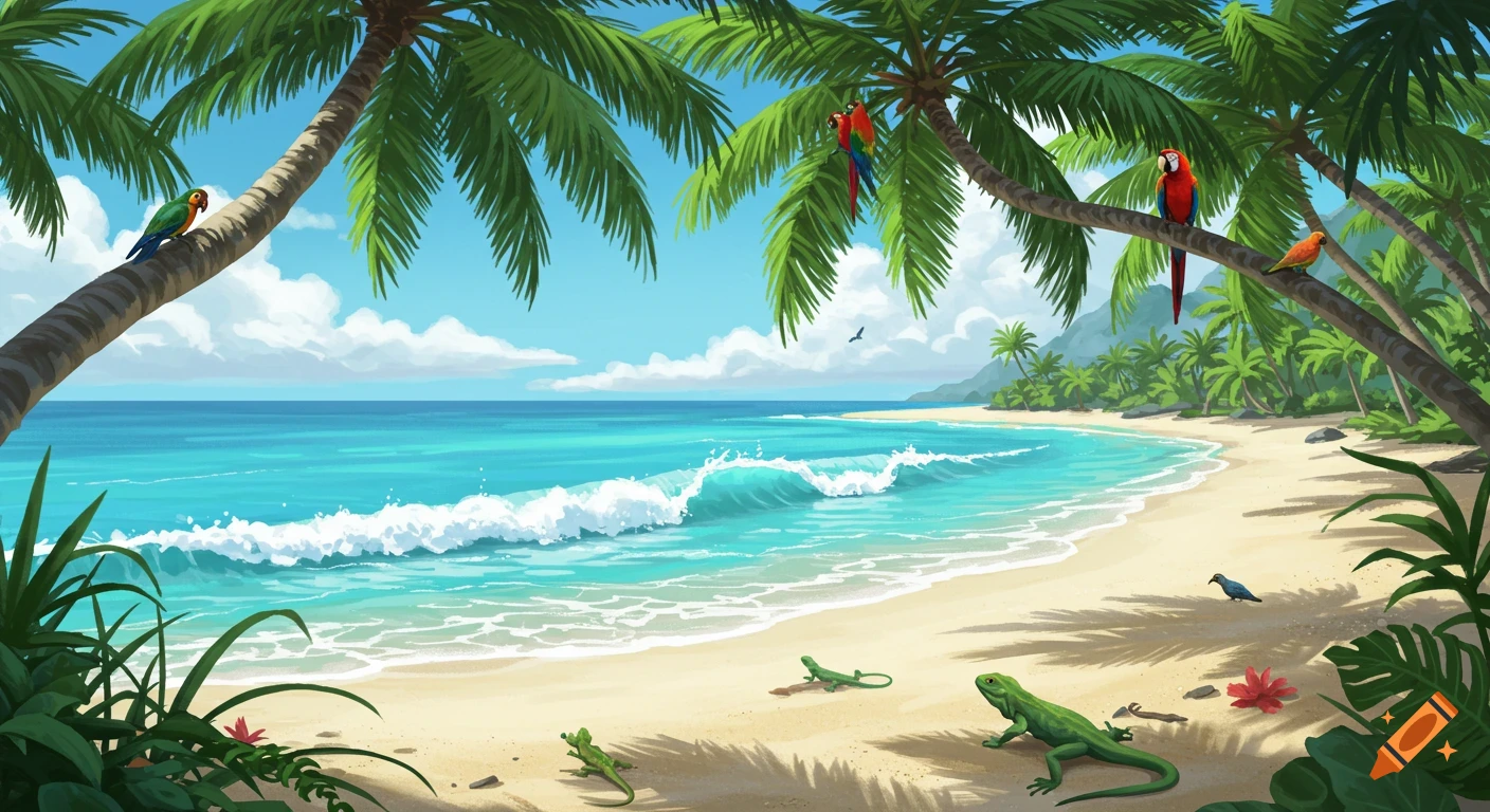 Illustrated tropical beach with palm trees, ocean waves, sandy shore, green lizards, and colorful parrots.