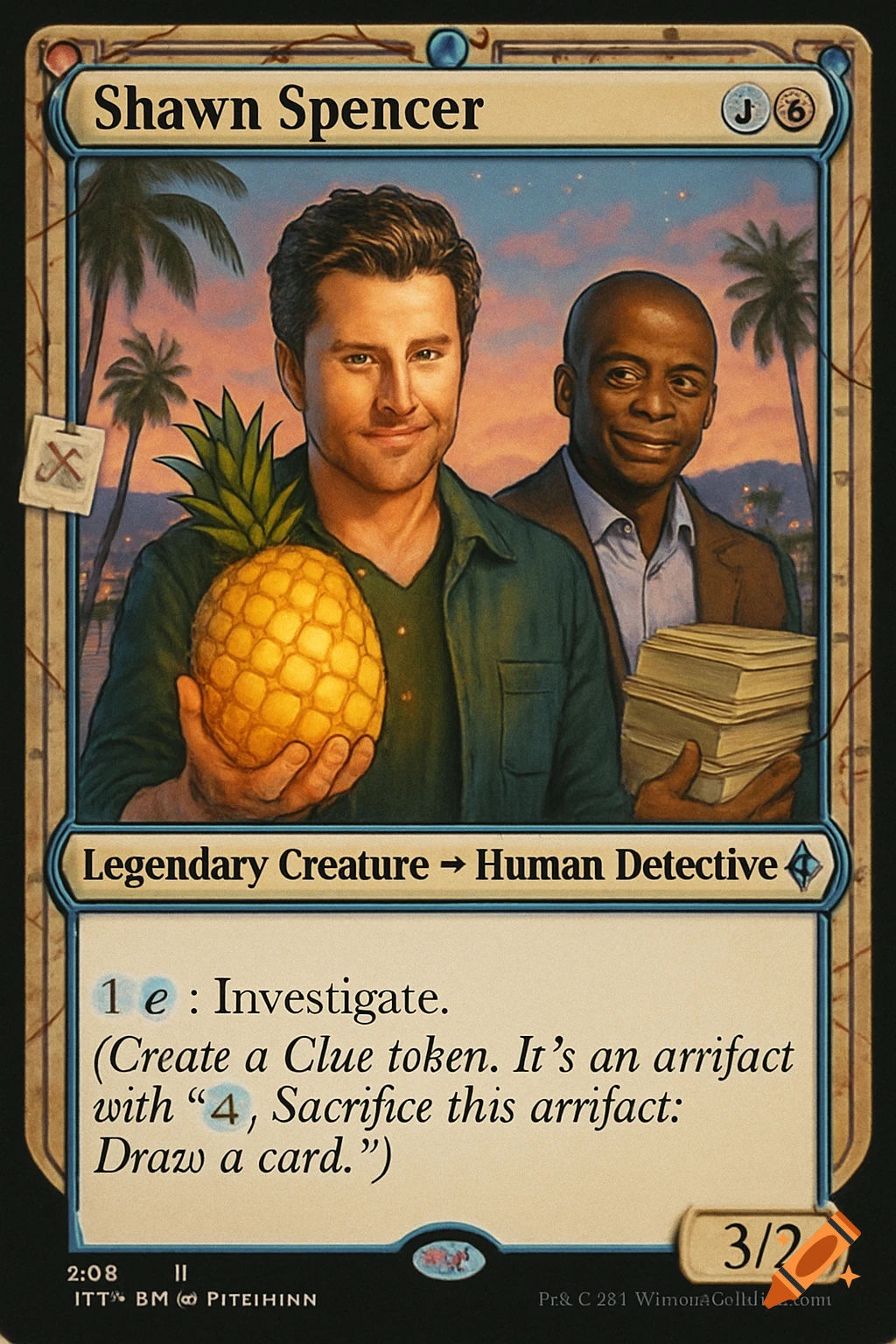 A Magic: The Gathering style card featuring Shawn Spencer from Psych holding a pineapple, with Burton Guster behind him. The background shows palm trees at sunset.