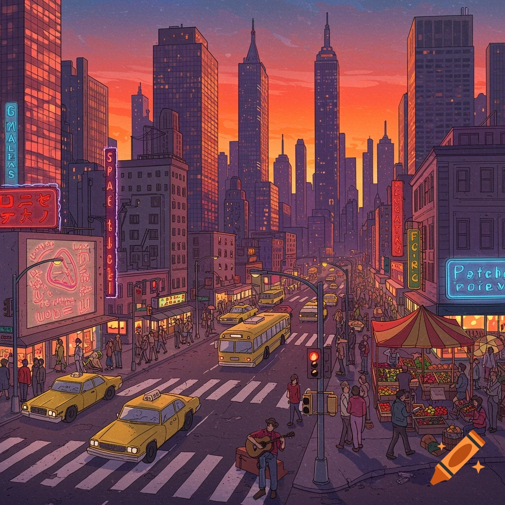 A bustling city street scene at sunset with tall buildings, yellow taxis, a bus, and pedestrians under orange and purple skies.