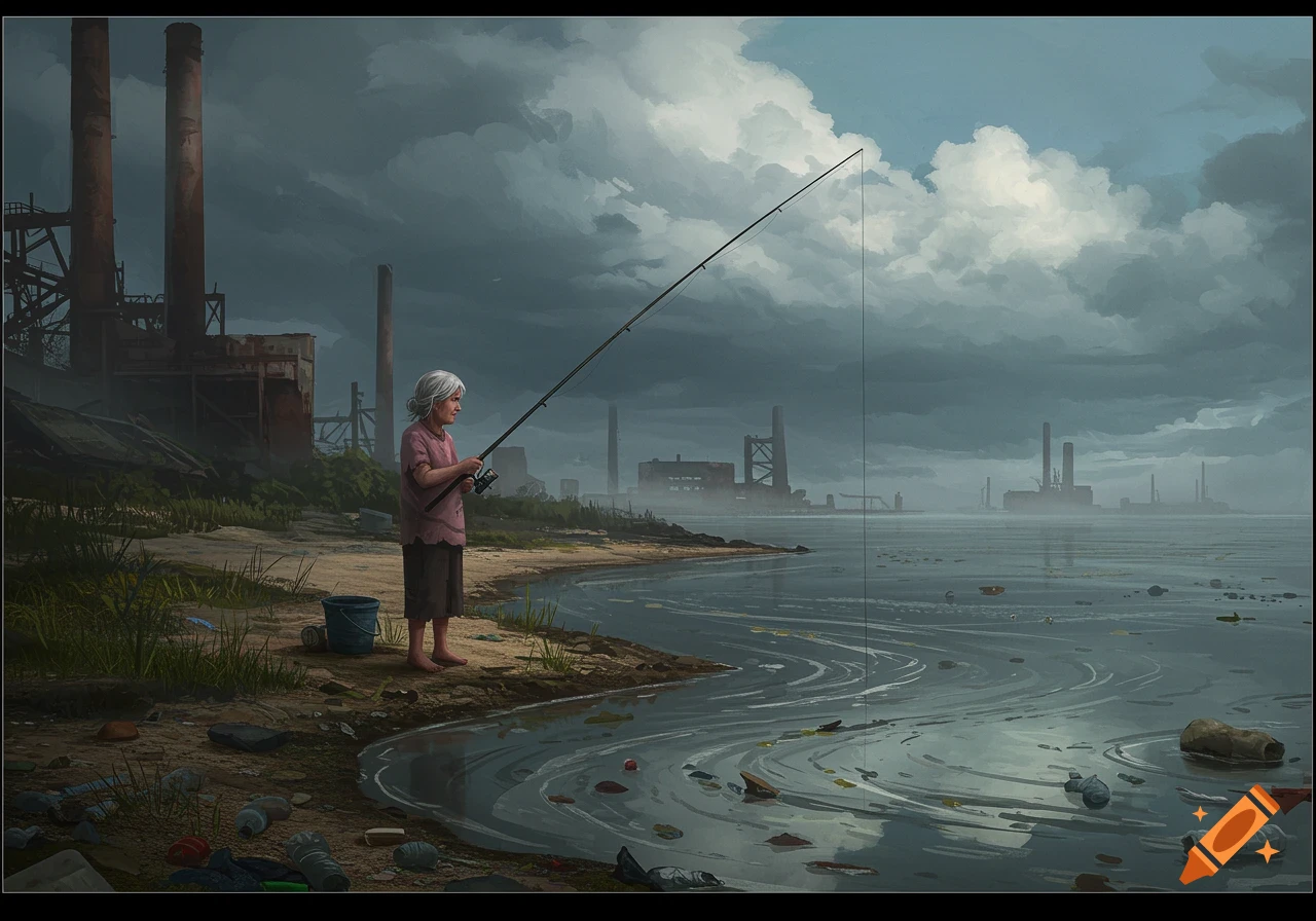 An older woman fishes in heavily polluted water with industrial buildings in the background under a cloudy sky.
