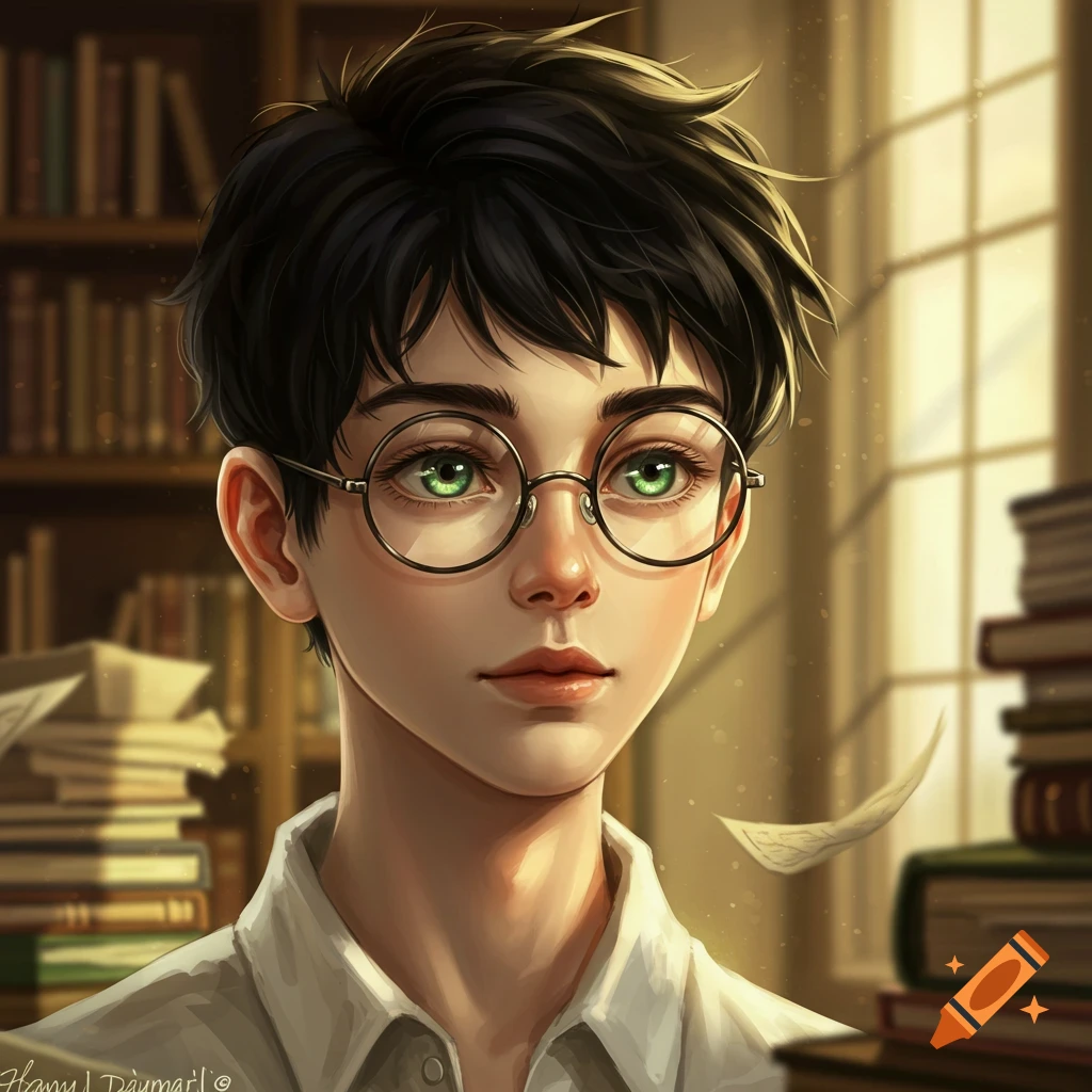 A portrait of a young boy with black hair, green eyes, and round glasses, standing in a sunlit library.