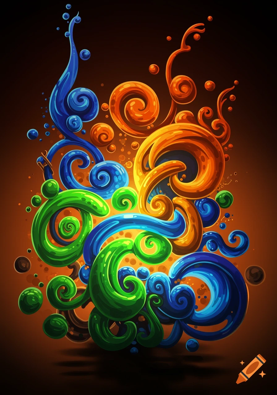 Vibrant abstract composition of swirling, glossy shapes in blue, orange, and green against a dark, glowing background.