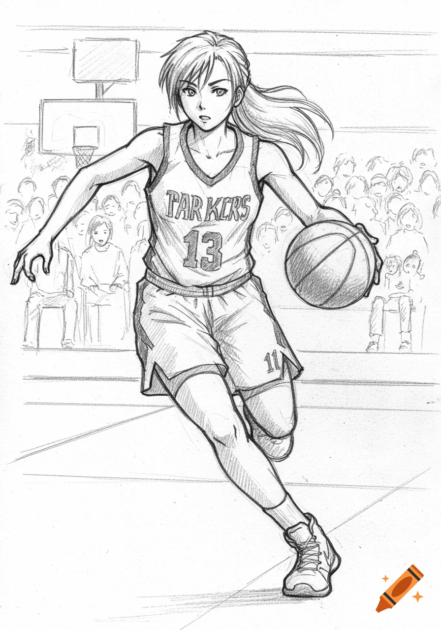 A female basketball player in a jersey dribbling a ball on a court, drawn in a pencil sketch anime style.