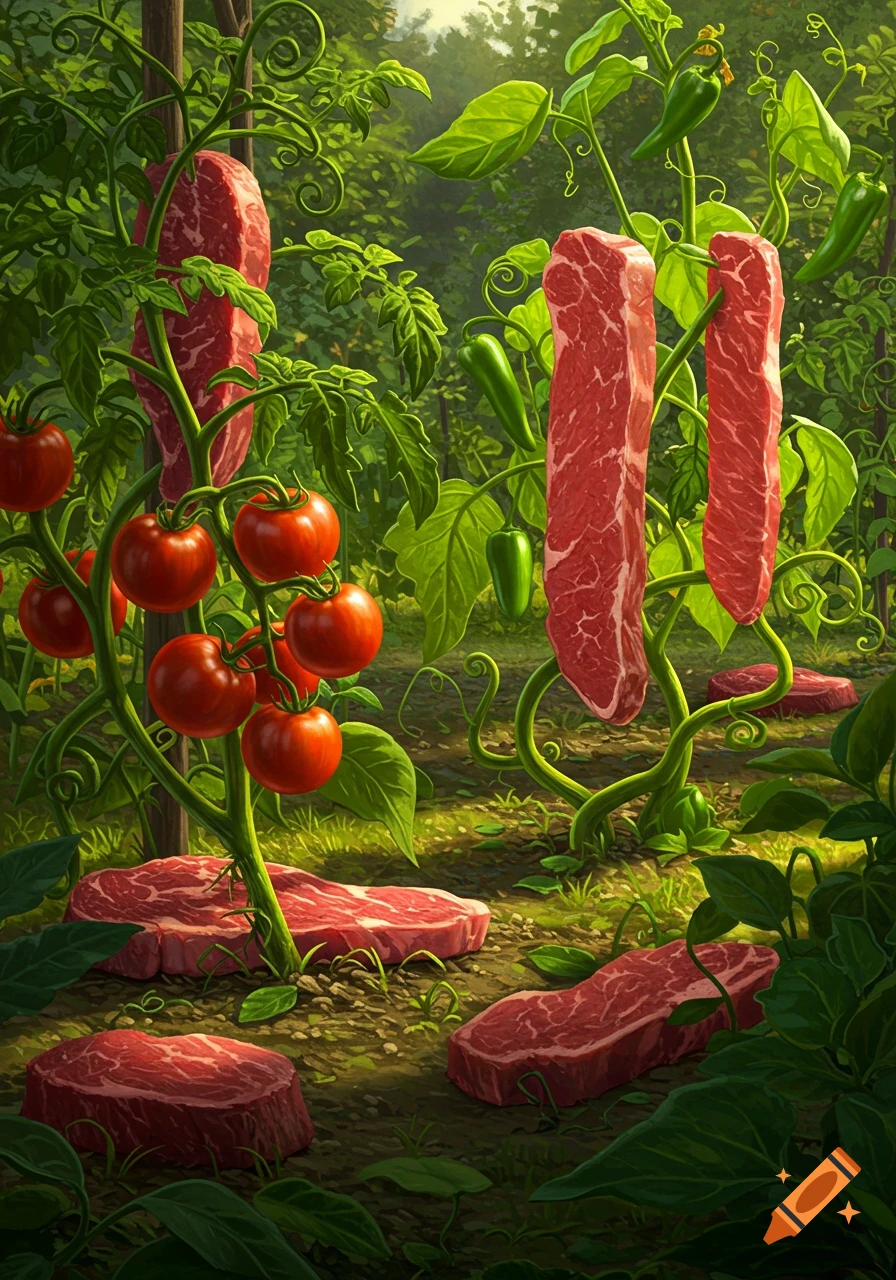 A surreal garden scene with raw steaks growing on tomato and pepper plants, surrounded by lush greenery and other steaks on the ground.
