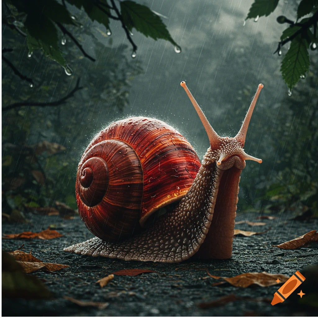 A photorealistic close-up of a snail with a vibrant reddish-brown shell crawling on wet ground amidst falling rain and green leaves.