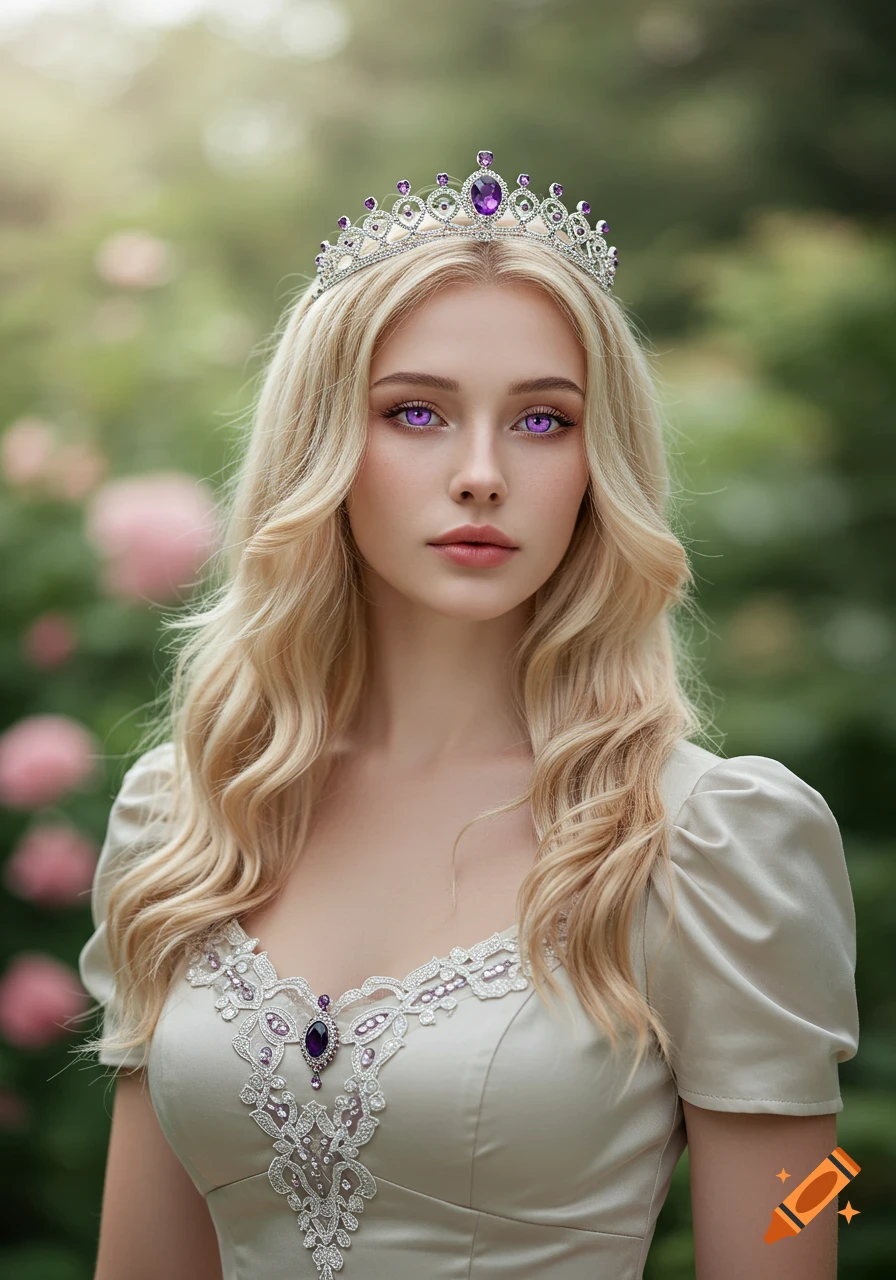 Photorealistic portrait of a blonde woman with violet eyes wearing a silver tiara in a garden.