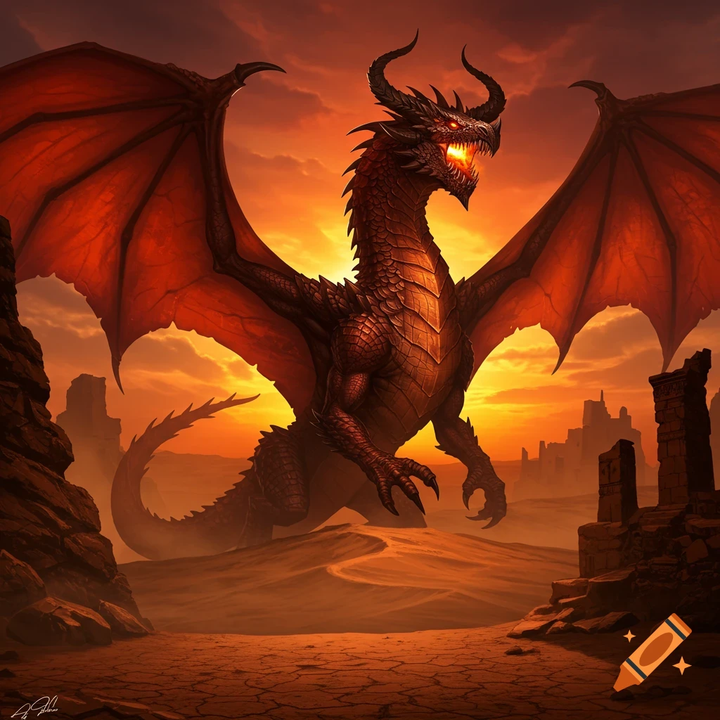 A fearsome dragon with large red wings and glowing eyes stands in a desolate desert at sunset, surrounded by ancient ruins.