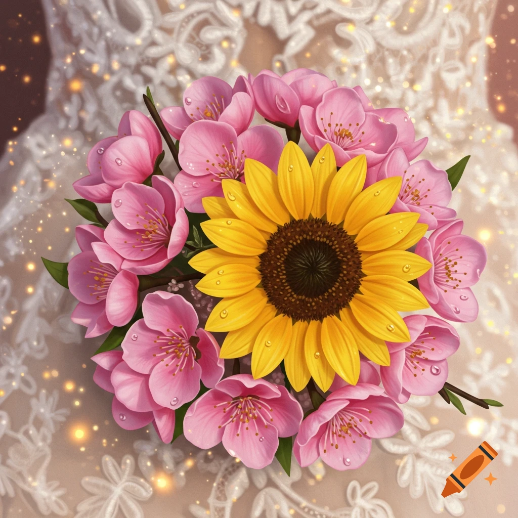 A vibrant wedding bouquet featuring pink cherry blossoms surrounding a large yellow sunflower, set against a background of white lace.