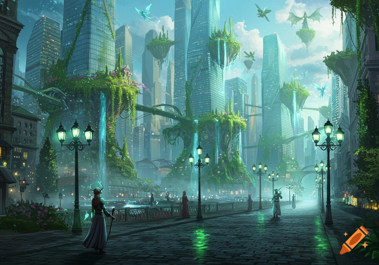 A modern fantasy city with towering, green skyscrapers, floating islands, and waterfalls. Figures walk a cobbled street lined with glowing lampposts.