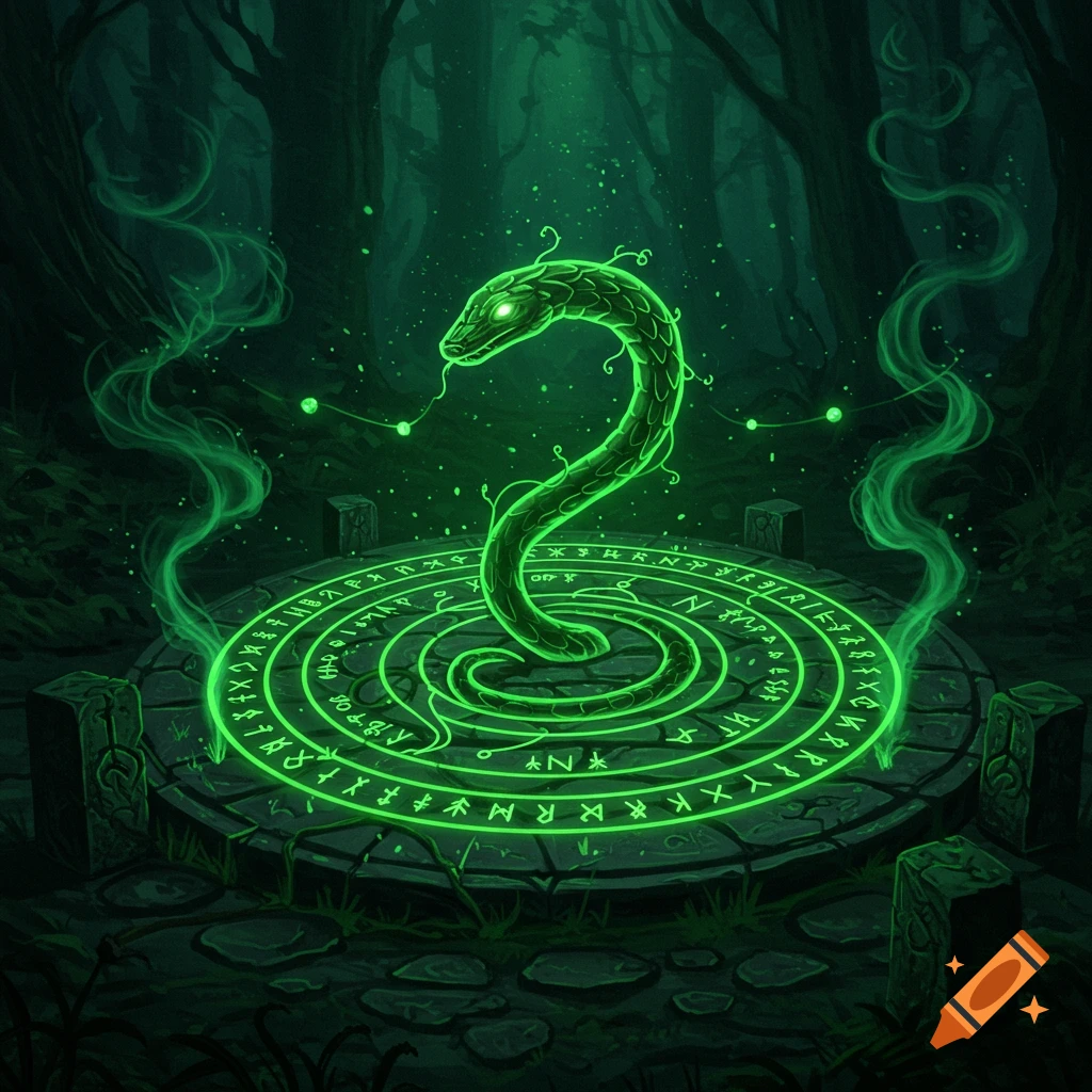A glowing green snake coils on a stone magic circle with runes in a dark, mystical forest.