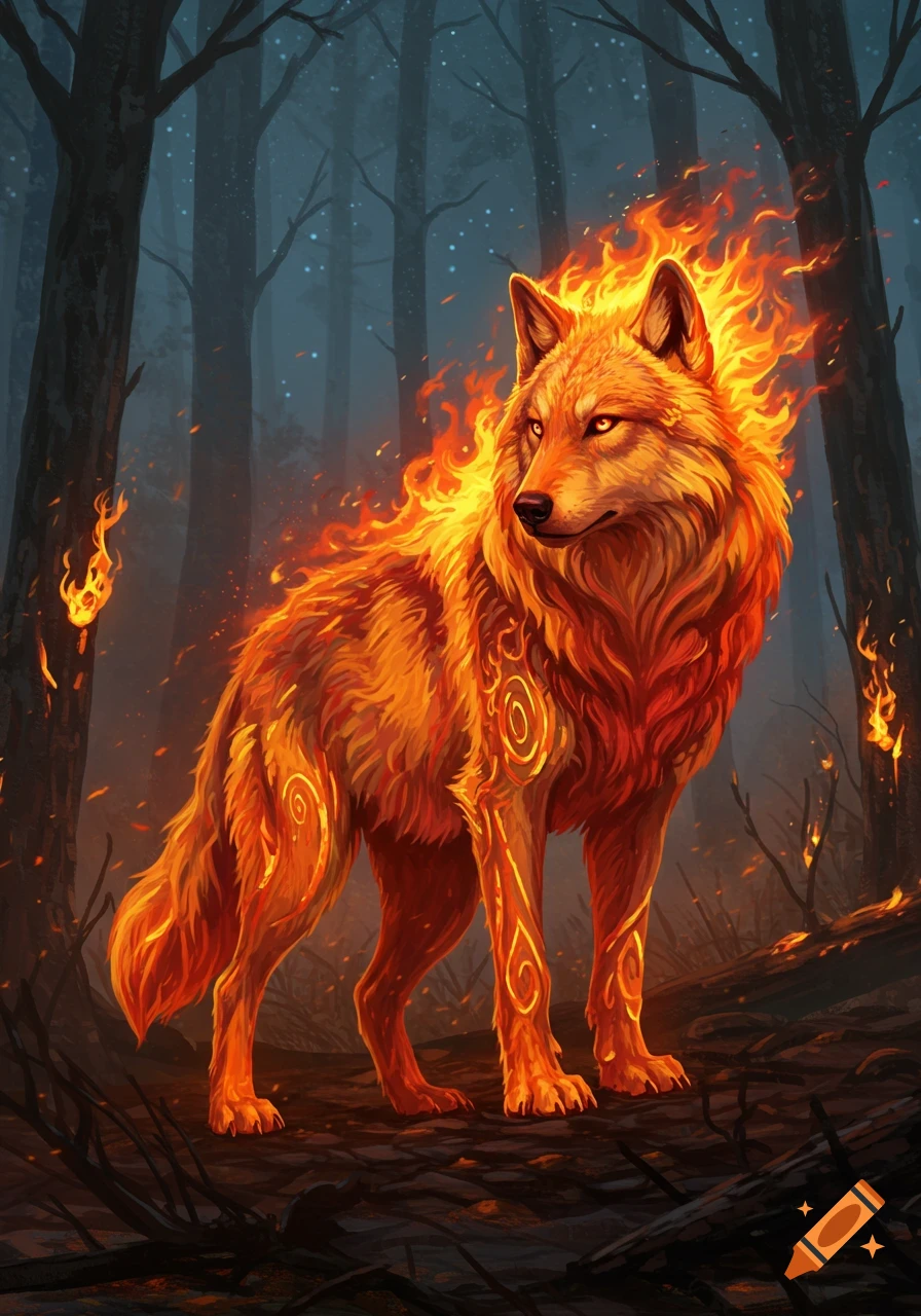 A fiery wolf with glowing eyes stands in a dark forest, its fur appearing as licking flames.