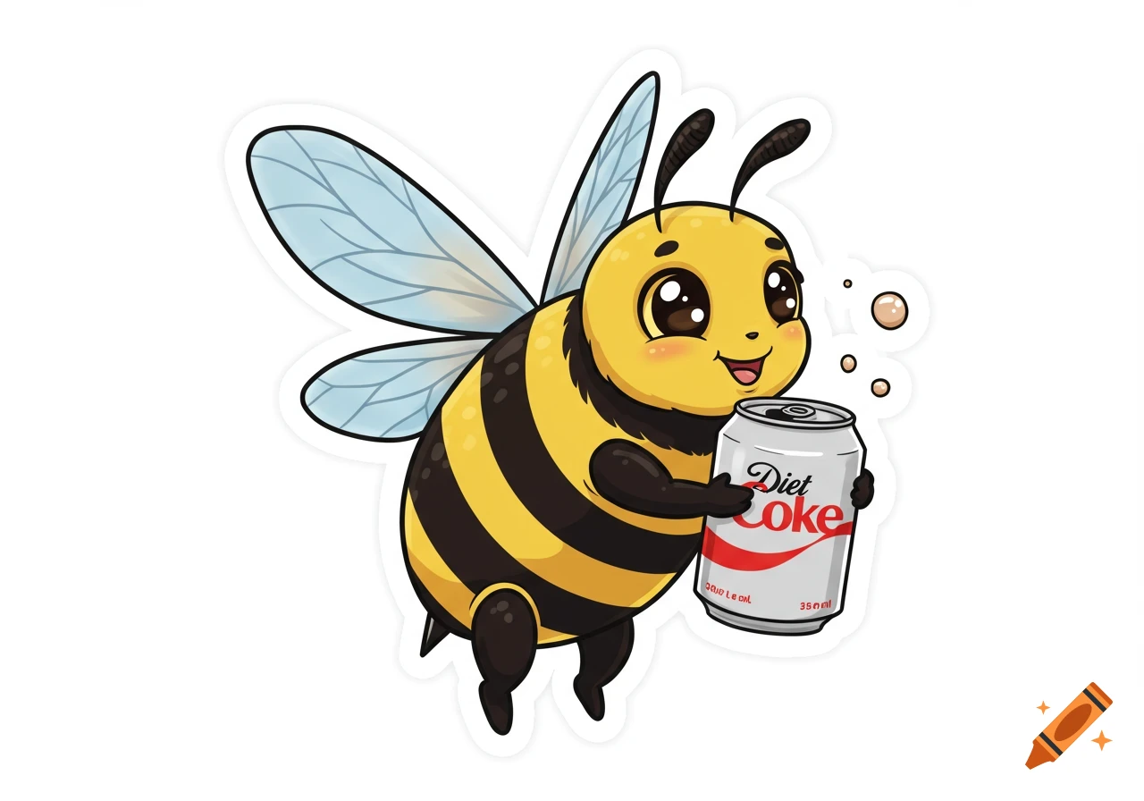 A cute cartoon bee holding a Diet Coke can, in a vector sticker style.