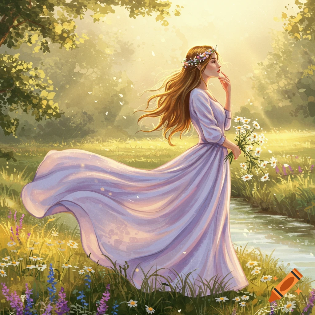 Illustrated fantasy art of a woman in a flowing lavender dress, holding white flowers, standing by a stream in a sunlit meadow.