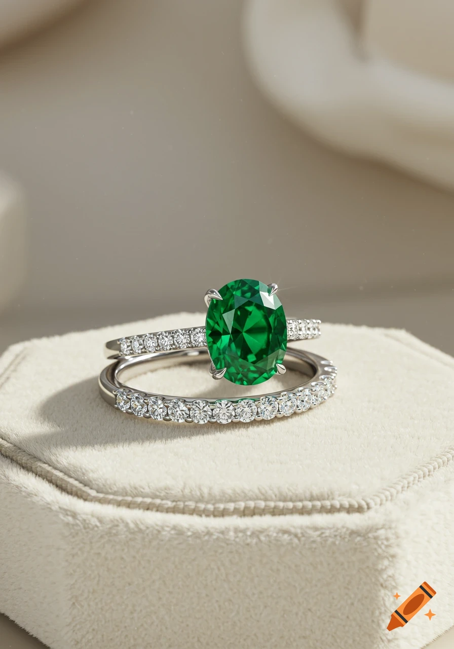 Photorealistic emerald engagement ring and matching diamond wedding band on a velvet jewelry box.