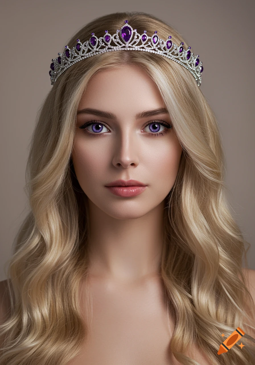 Close-up photorealistic portrait of a young woman with long wavy blonde hair, striking violet eyes, and a silver tiara with purple gems.