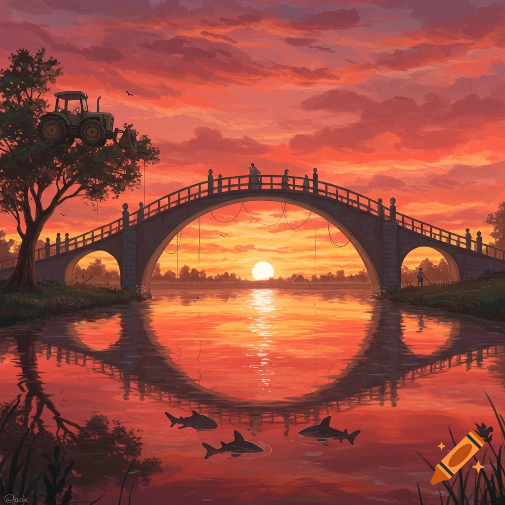 A watercolor painting of a bridge over a river at sunset with red clouds, a tractor hanging in a tree, and sharks in the foreground water.