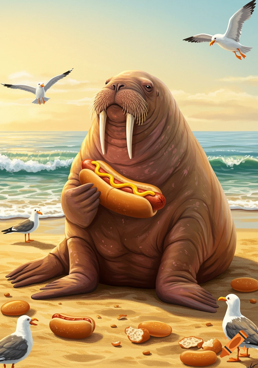A cartoon walrus sits on a sandy beach, holding a hotdog with mustard, with seagulls and the ocean in the background.