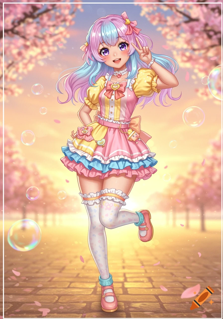 A full-body anime illustration of a cute girl with pastel pink and blue hair, wearing a pink and yellow frilly dress, standing under cherry blossoms with bubbles floating around her.