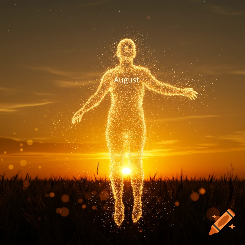 Glowing humanoid figure made of golden particles floats above a field at sunset, with 'August' written on its chest.