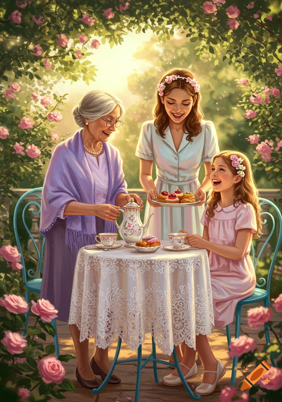 A grandmother, mother, and daughter having a tea party in a sunny rose garden.