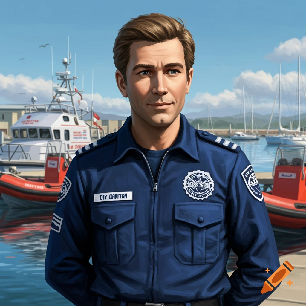 A man resembling Gordon Tracy in a blue uniform stands at a marina with boats in the background, looking directly ahead.