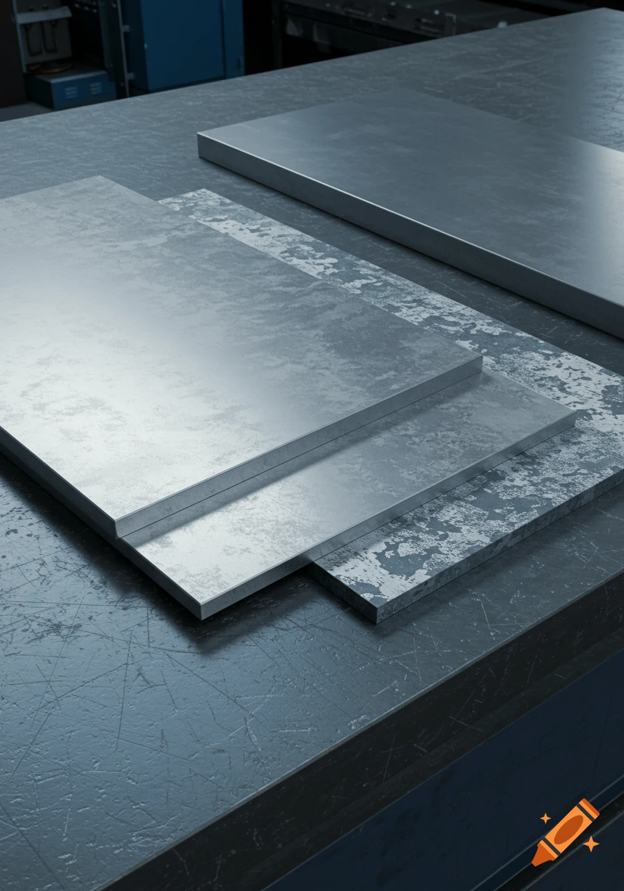 Close-up photorealistic image of textured metal plates, including shiny and scratched surfaces, on an industrial workbench.