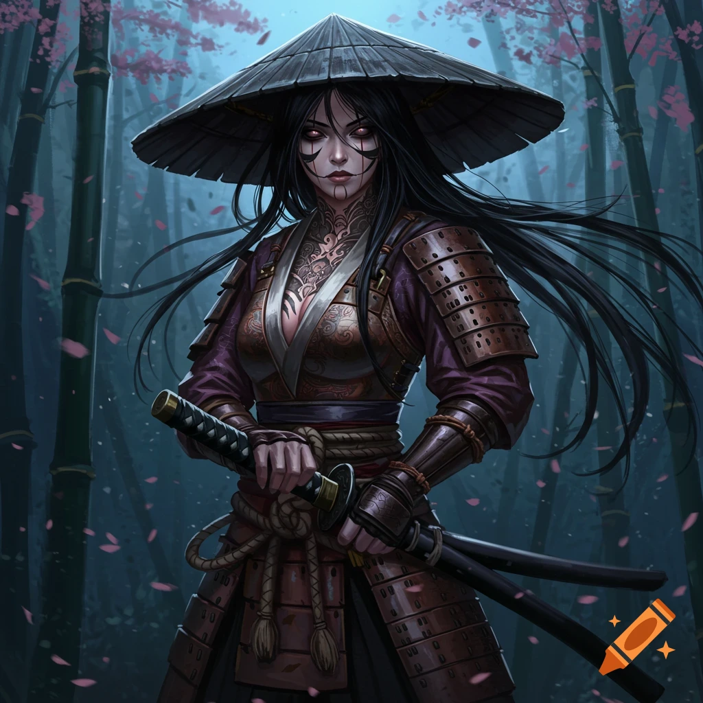 A dark-haired female samurai in ornate armor and a straw hat stands in a bamboo forest with pink cherry blossoms.