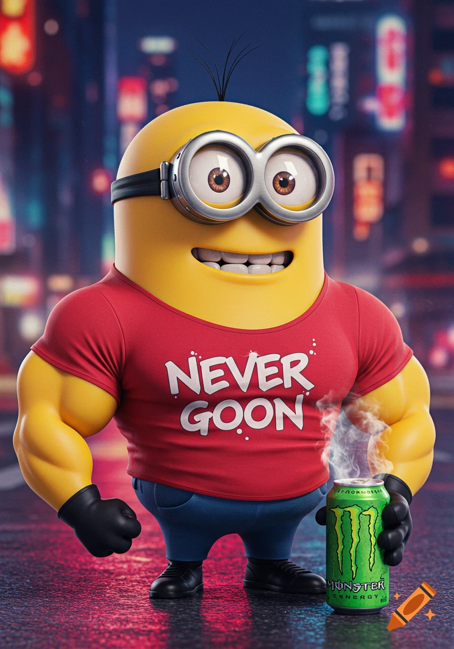 A muscular yellow Minion in a red shirt and blue jeans, holding a green Monster energy drink can, stands on a city street at night.