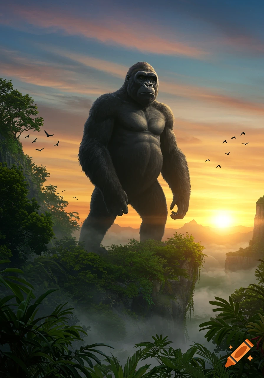 A giant gorilla stands on a cliff overlooking a misty jungle valley at sunset, with birds flying in the sky.