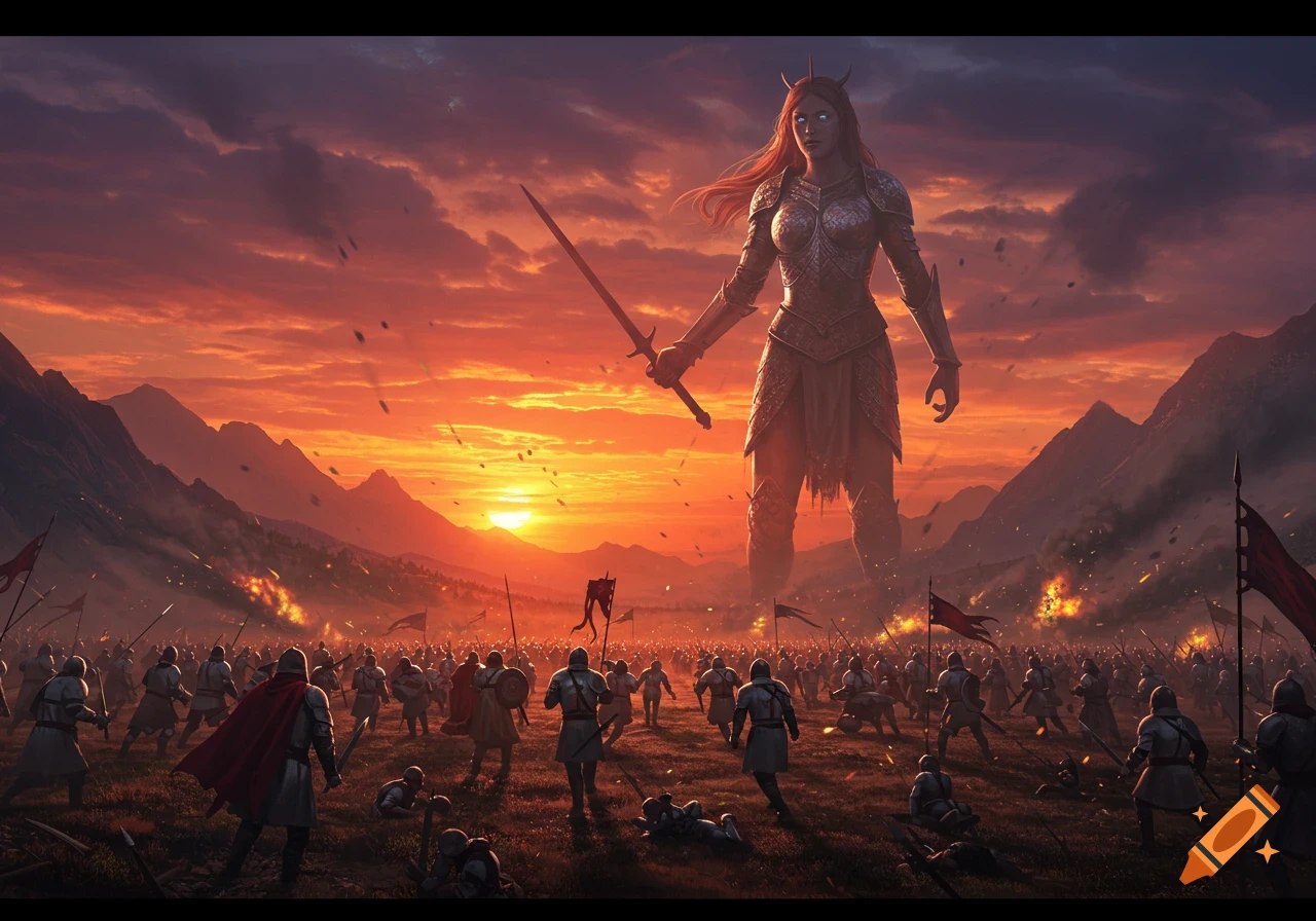 A colossal female warrior in armor holds a sword, facing an army of soldiers on a battlefield during a fiery sunset.