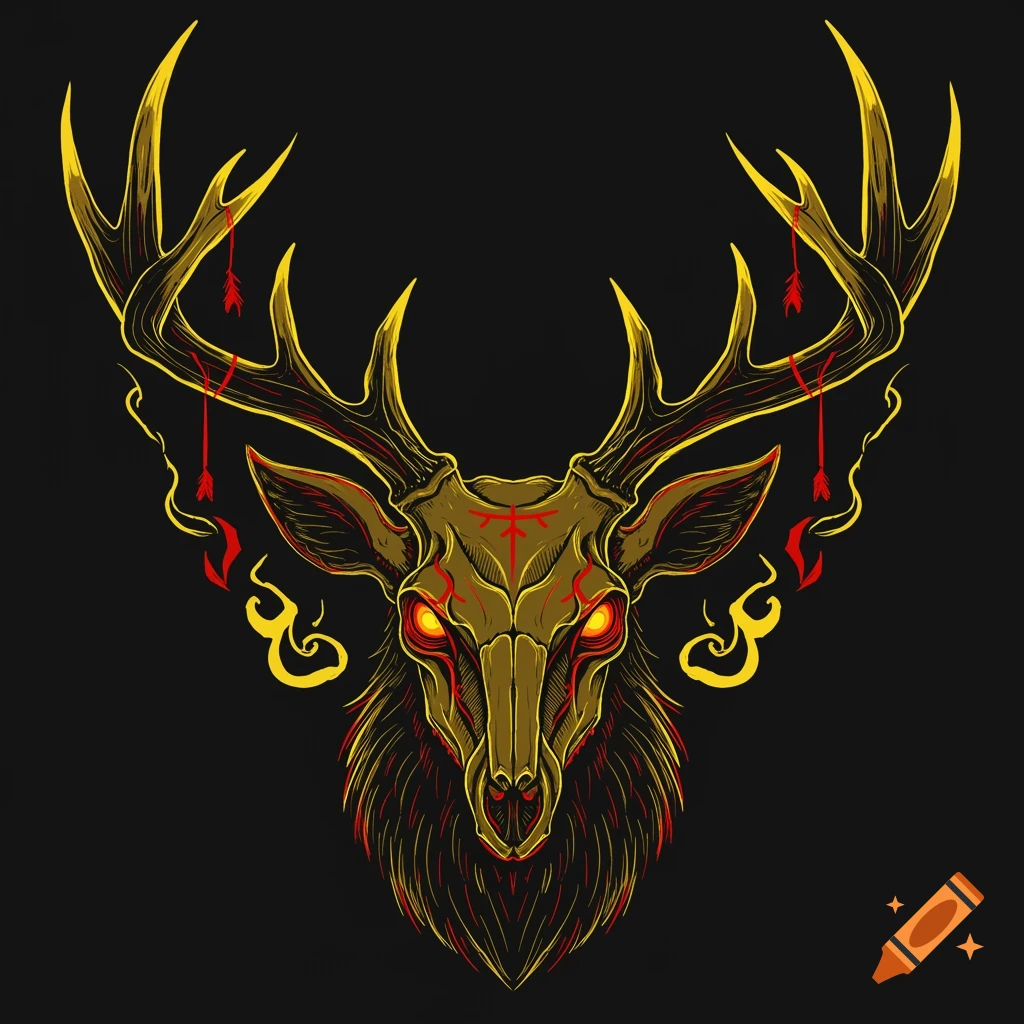 Hand-drawn, anime-inspired illustration of a frontal stag skull with glowing eyes, yellow antlers, and red accents against a black background.