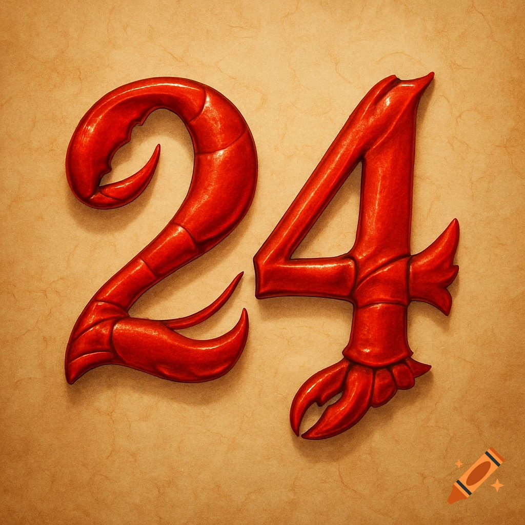 The numbers 24 rendered in a red lobster-claw font on a textured tan background.
