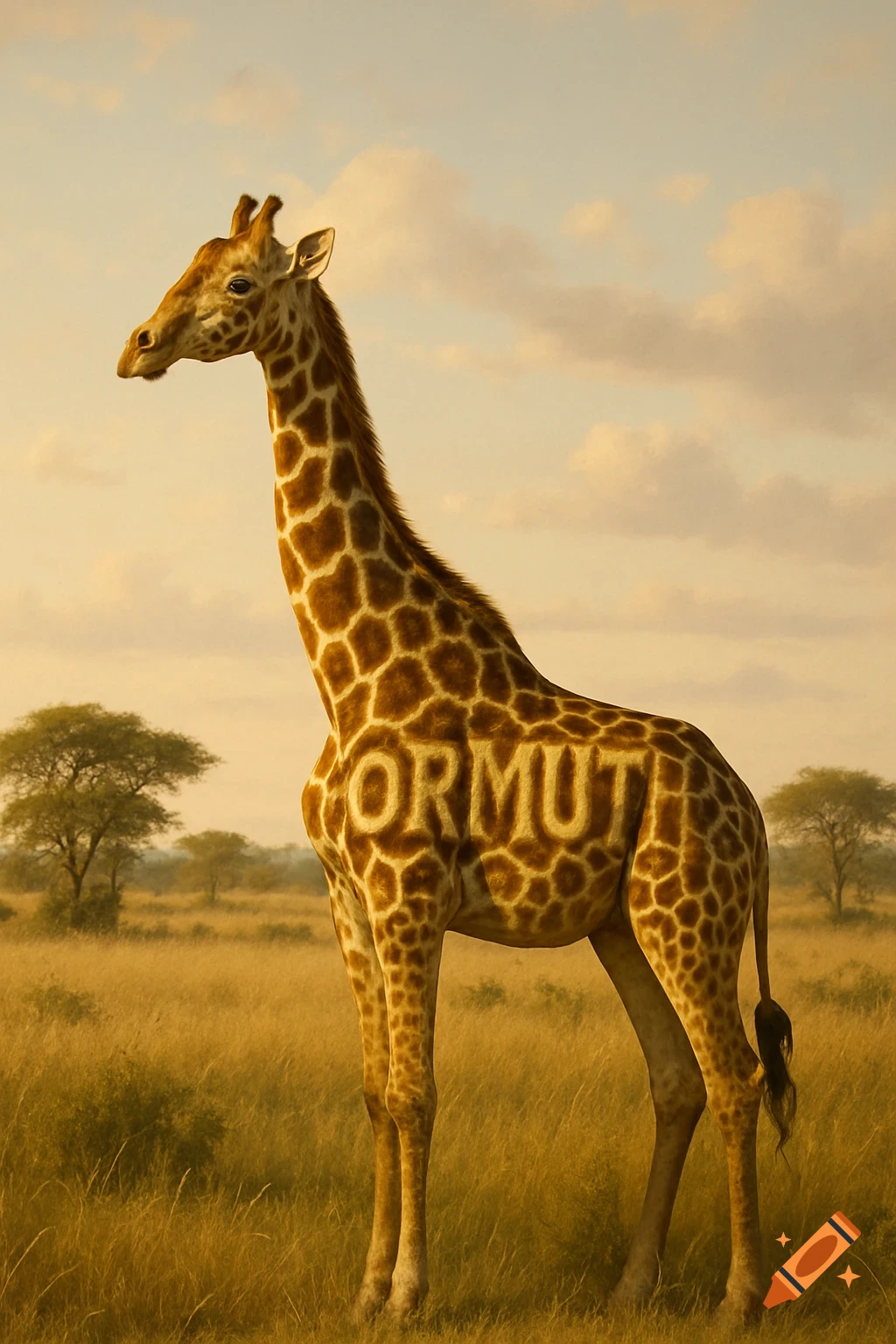 A photorealistic full-body shot of a giraffe in a golden savanna at sunset, with the word 'ORMUTH' subtly formed by its spots.