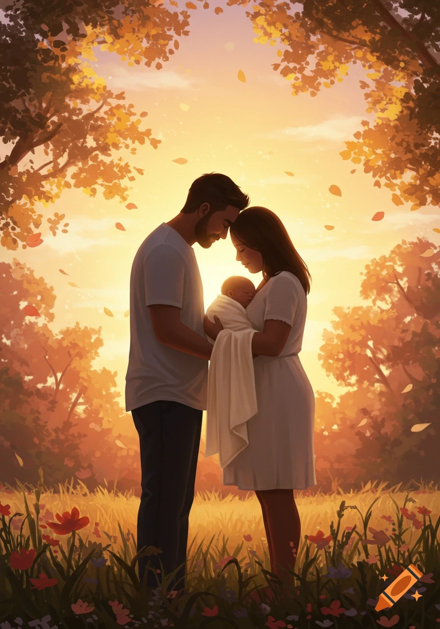 An illustrative image of a man and woman cradling their newborn baby in a field at sunset.