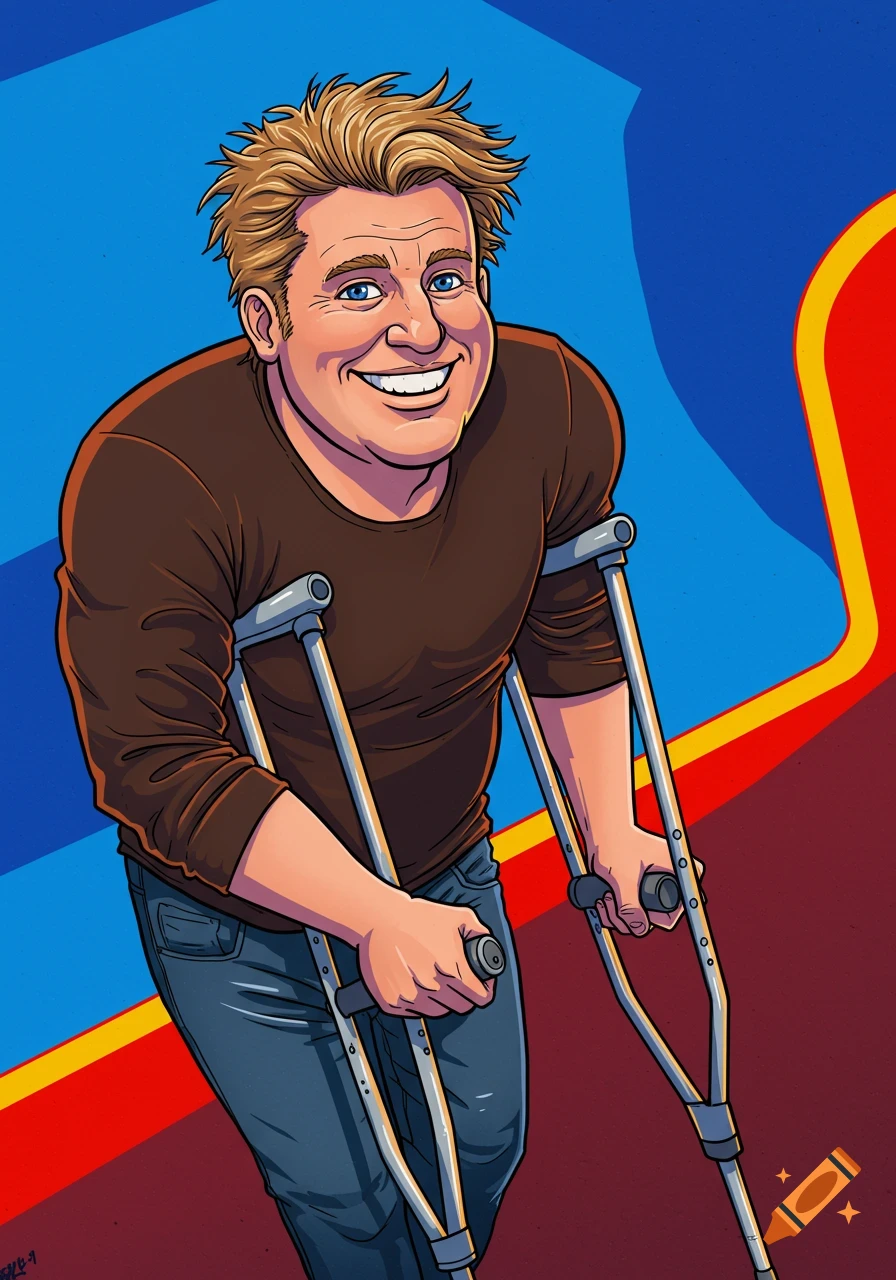 A smiling, blond, slightly chubby man with blue eyes using forearm crutches, depicted in a vibrant cartoon style against a colorful background.